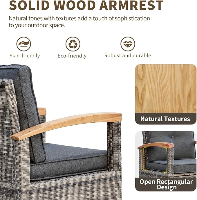 MEISSALIVVE 8 Pieces Patio Furniture Sets, PE Wicker Outdoor Conversation Sets with 2 Wood Armrests Swivel Rocker Chairs, 2 Fixed Single Chairs, 2 Ottomans and Dining Table(Grey)