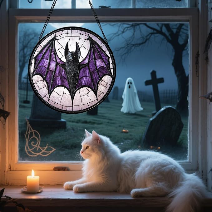 Stained Glass Window Hanging - Halloween Black Bat Purple Wings Monster Suncatcher for Doors Garden Home Spooky Sun Catchers Gothic Decor Horror Gift for Women Men Friend Boy Girl 9.8 in