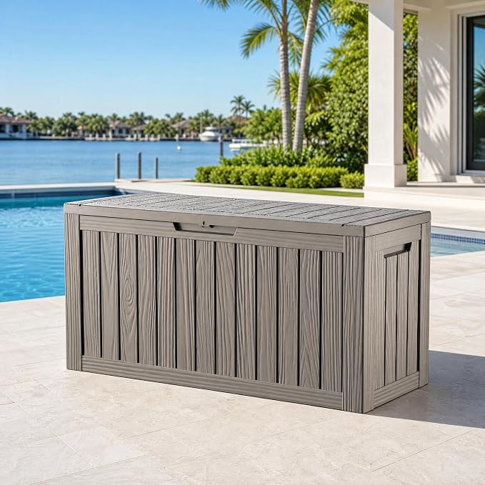 98 Gallon Large Deck Box, Waterproof Resin Outdoor Storage Box Lockable, Patio Storage Bench for Furniture Cushions & Garden Tools, 2-Person Seat, UV-Resistant, Gray Brown