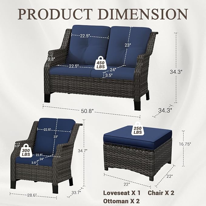 5 Pieces Patio Furniture Set, Outdoor Furniture Set with 2 Patio Chairs, 2 PE Rattan Ottoman, 1 Patio Wicker Loveseat with Thick Cushions, Ideal for Backyard, Garden, Poolside, Blue