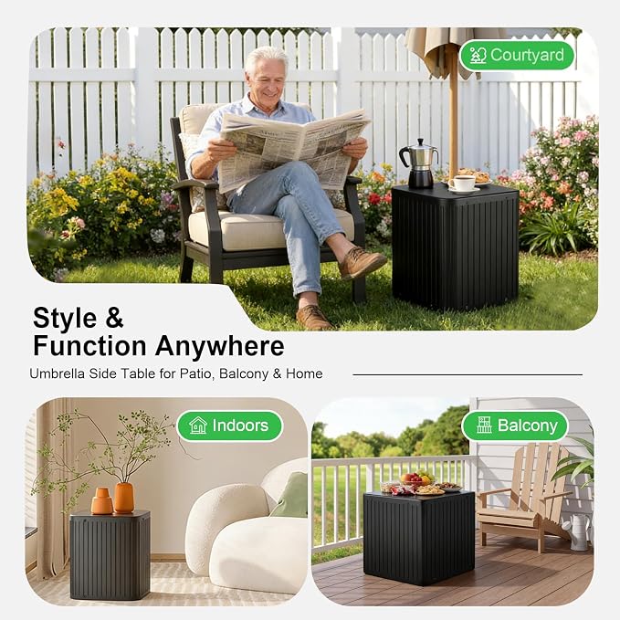 Umbrella Side Table with 1.5-1.6" Umbrella Hole, 132lbs Heavy Duty Fillable Umbrella Base Stand Table, 2-in-1 Modern Outdoor Patio Side Table for Yard Porch Poolside Deck Balcony Backyard Lawn