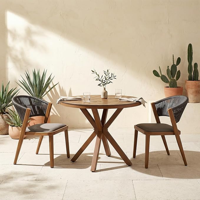 PURPLE LEAF 3 Pieces Outdoor Bistro Set 37.4" Diameter Table and 2 Chairs with Cushions All-Weather PE Rattan Patio Furniture for Indoor Outdoor Use for Balcony Porch Garden Backyard Deep Teak