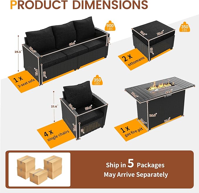 UDPATIO Patio Furniture Set with 44" Fire Pit Table, 8 Pieces Outdoor Sectional Conversation Sets, All-Weather Wicker Rattan Sofa Ottoman with 4" Thick Cushion for Garden Backyard Deck, Black