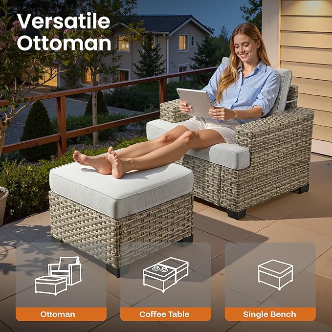 ovios 8 Piece Patio Sectional Furniture with Swivel Rocking Chairs, Rattan Wicker Coversation Couch Set, Outdoor Sofa Set for Outside Porch Balcony Backyard Pool, Light Grey