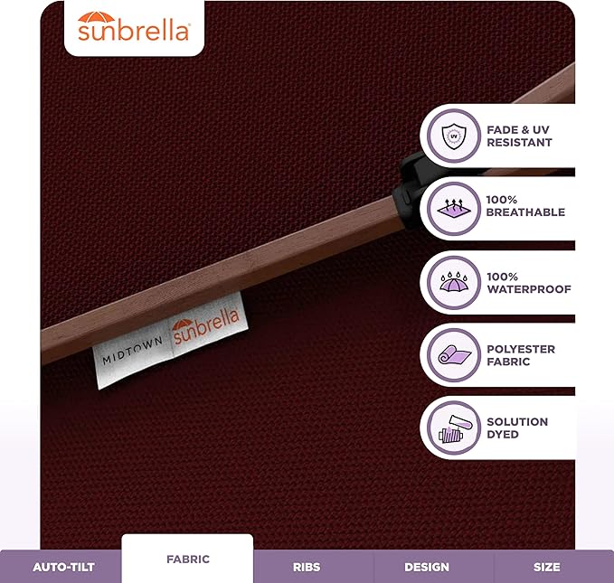 Midtown Umbrellas Wooden 2-8 Ft Patio Umbrella with 360° Swivel & Tilt Mechanism, 8 Fiberglass Ribs & Sunbrella Fabric - Outdoor Umbrella for Deck, Pool & Garden - Burgundy Canopy, Wooden Pole