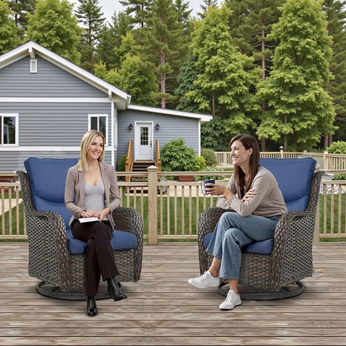 Outdoor Swivel Rocker Patio Chairs Set of 4 with Side Table - 5" Thick Cushion 6 Piece Furniture Set All Weather Comfortable Wicker Conversation Set for Porch Poolside and Deck - Brown/Blue