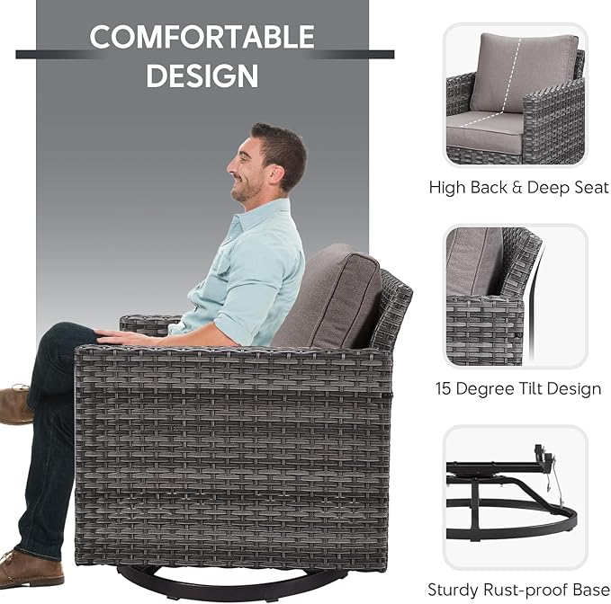 9 Piece Wicker Patio Furniture Set - Outdoor Swivel Rocker Chairs Set with Coffee Table, Rattan Chairs, 3 Seat Sofa & Ottomans, Patio Conversation Sets for Bcakyard Deck - Grey/Grey