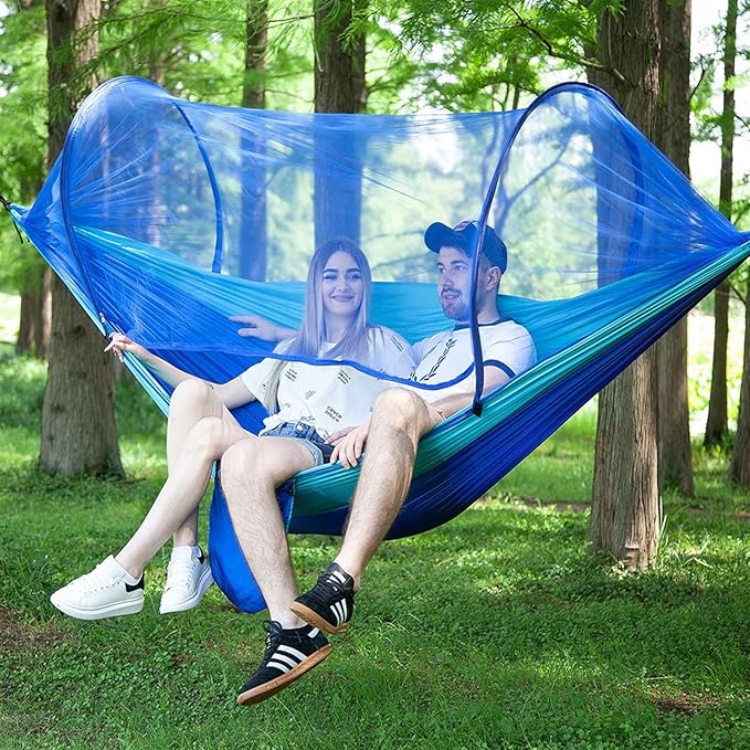 Outdoor Automatic Hammock with Mosquito Net Nylon Portable Lightweight Double Hammock for Camping with 2m Tree Straps Blue 9.5'x4.5'