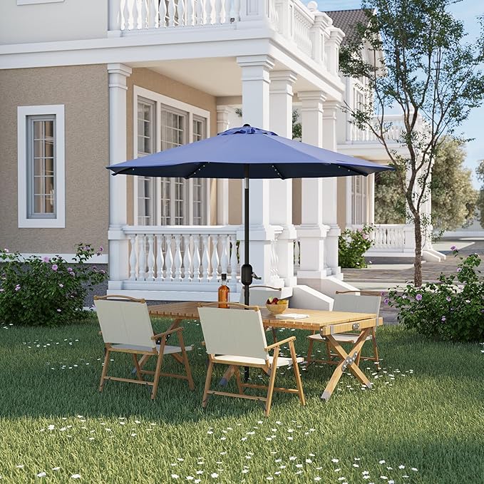 10FT Patio Umbrella with Solar Lights, Outdoor Market Table Umbrella with 8 Ribs, 40 LED Lights and Crank Handle for Pool, Lawn, Garden, Backyard, Navy Blue