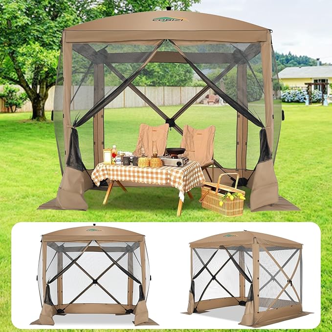 COBIZI 6x6 FT Pop up Gazebo, Popup Canopy Tent, Screened in Gazebos, Waterproof Portable Outdoor Small Screen Tents Sun Shelter,carpas para Patio for Camping, Garden and Backyard,Khaki