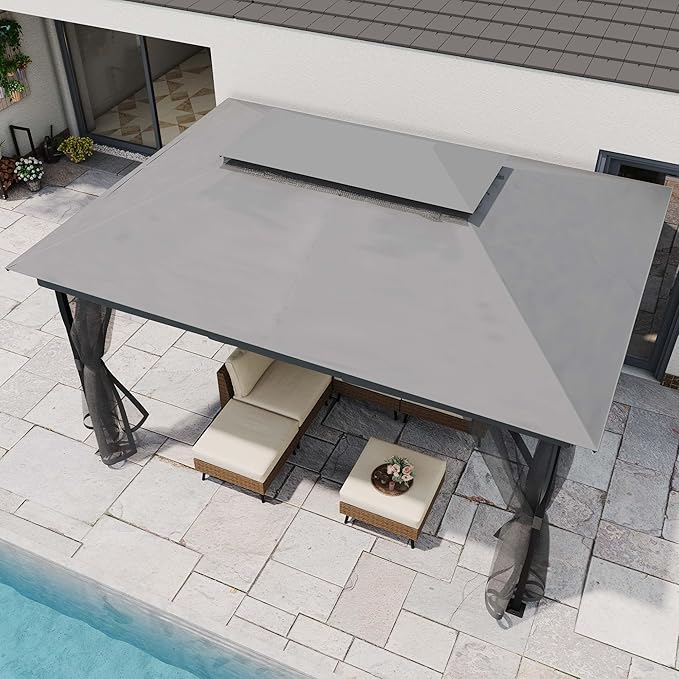 LAUSAINT HOME Patio Gazebo 10'x13', Outdoor Heavy Duty Party Tent Shelter with Double Roofs, Mosquito Nettings for Backyard, Garden, Lawn, Gray
