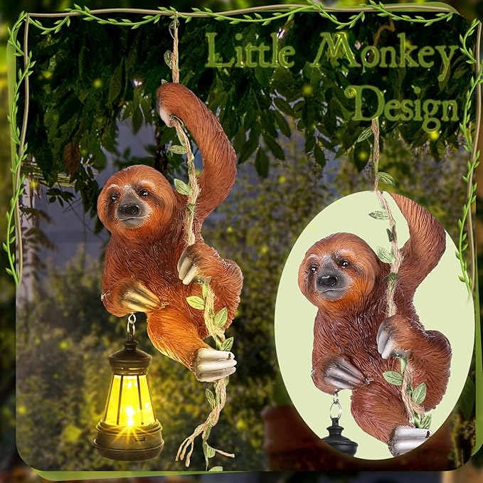 Mudder Solar Light Sloth Garden Statues 7.5'' Resin Hanging Figurine Climbing on 24" L Vine with LED Lantern Decorative Sculpture Waterproof Statues with Hook for Yard Outdoor Patio Yard Wall Decor