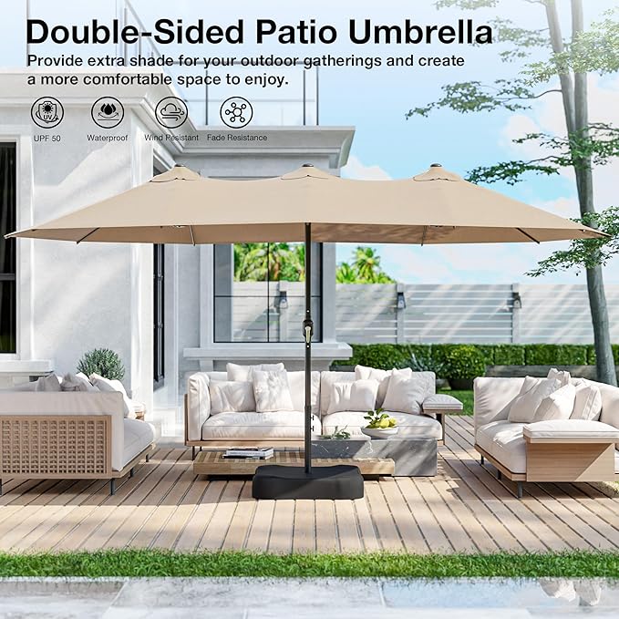 Joyside 15FT Large Patio Umbrella, Outdoor Double Sided Umbrella, Rectangle Umbrella with Crank Handle, 12 Sturdy Ribs for Deck, Porch and Pool