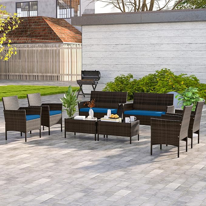 KOTEK 8 Piece Patio Furniture Set, Outdoor Rattan Conversation Set with Loveseat, Wicker Chairs, Tempered Glass Coffee Table, Wicker Patio Set for Backyard, Porch (Peacock Blue)