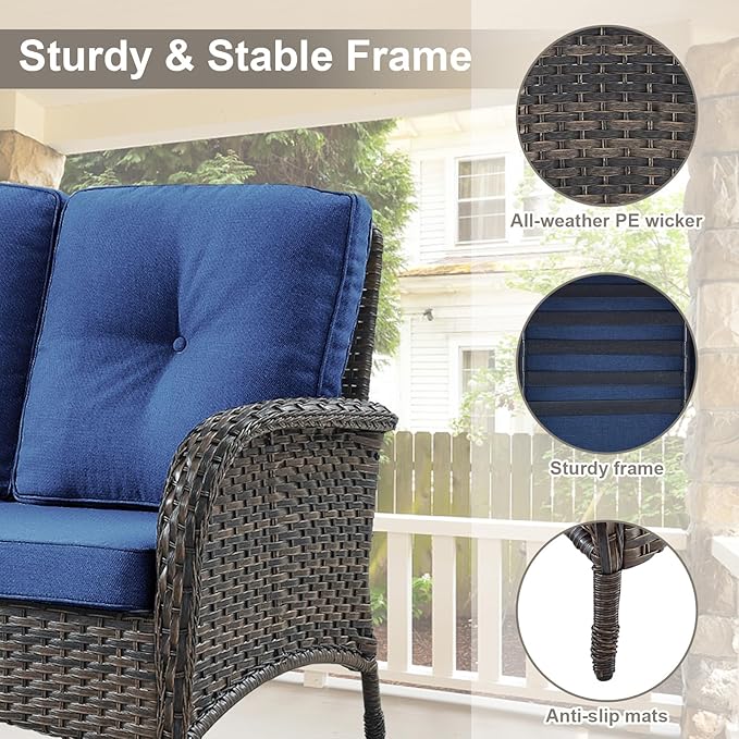 Belord 7 Piece Outdoor Patio Furniture Sets with Rocking Chairs, Wicker Loveseat Conversation Sets for Patio Deck Backyard Poolside, Blue Cushion