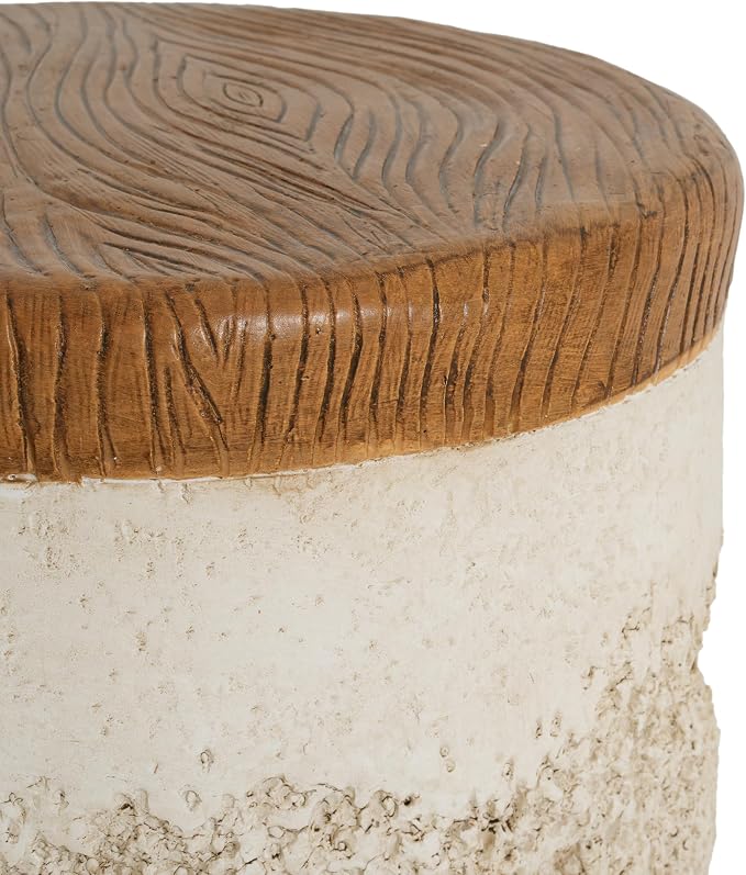 Merax Outdoor Patio MGO Side Table, 16" Height Round Side Accent Table with Dual-Texture Design, Beige Tone Base & Faux-Wood Grain Top, Patio End Table for Balcony Poolside, Fully Assembled
