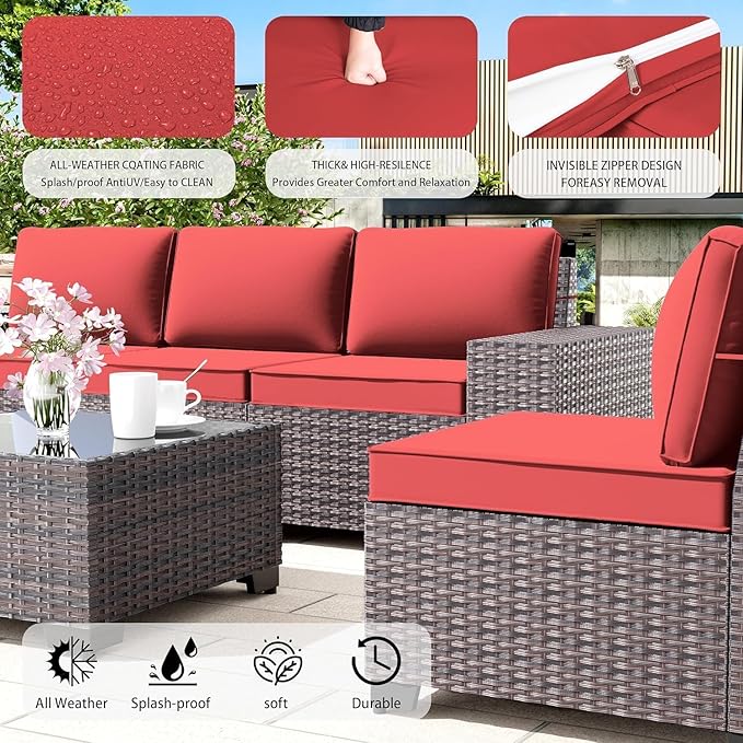 6 PCS Outdoor Patio Furniture Set,Outdoor Sectional Furniture All Weather PE Rattan Wicker Patio Conversation Set with Coffee Table and 5 Thickened Cushions,Red