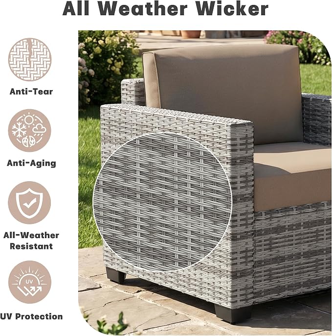 Patio Furniture Set, 7-Piece Outdoor Sectional Couch with Coffee Table & Thick Cushions, Outdoor Wicker Conversation Set for Backyard, Poolside, Garden (Grey White-Camel, 7 Piece-Double)
