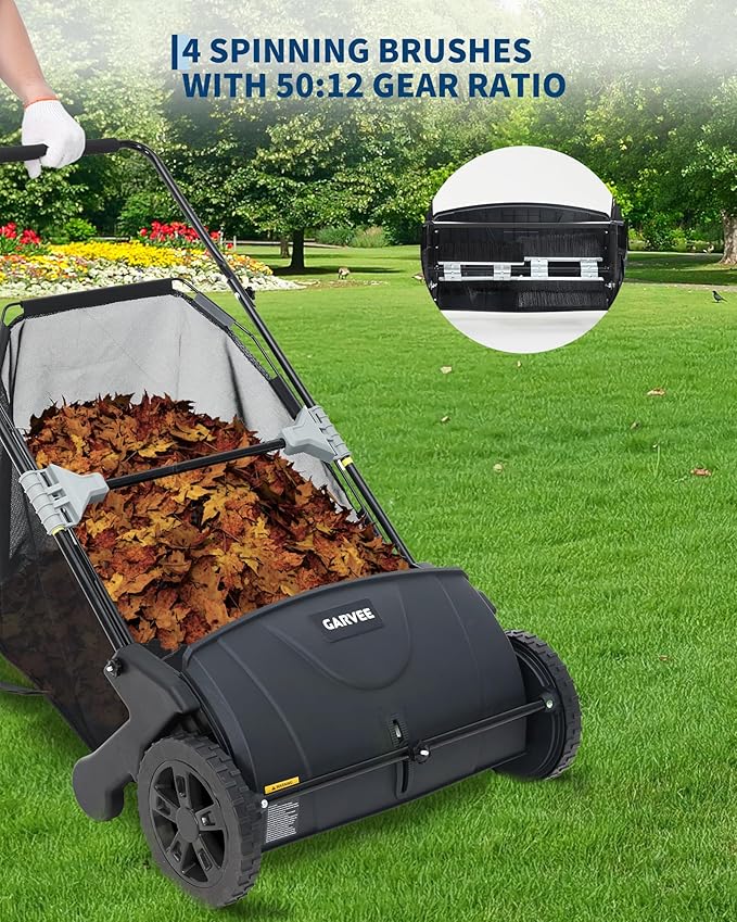 Garvee 21-Inch Push Lawn Sweeper, 3.5 Cu. Ft. Hopper Leaf & Grass Collector, 4 Spinning Brushes, Adjustable Brush Height, Manual Yard Sweeper for Grass Clippings, Leaves & Light Debris, Black