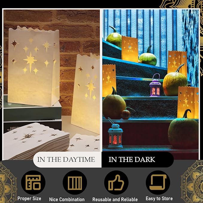 Sabary 50 Sets Luminary Bags with Flameless Tea Lights Outdoor Luminaries LED Lantern Candle Bags for Wedding Birthday Ramadan Christmas Party Decorations Romantic Decor(Firework)