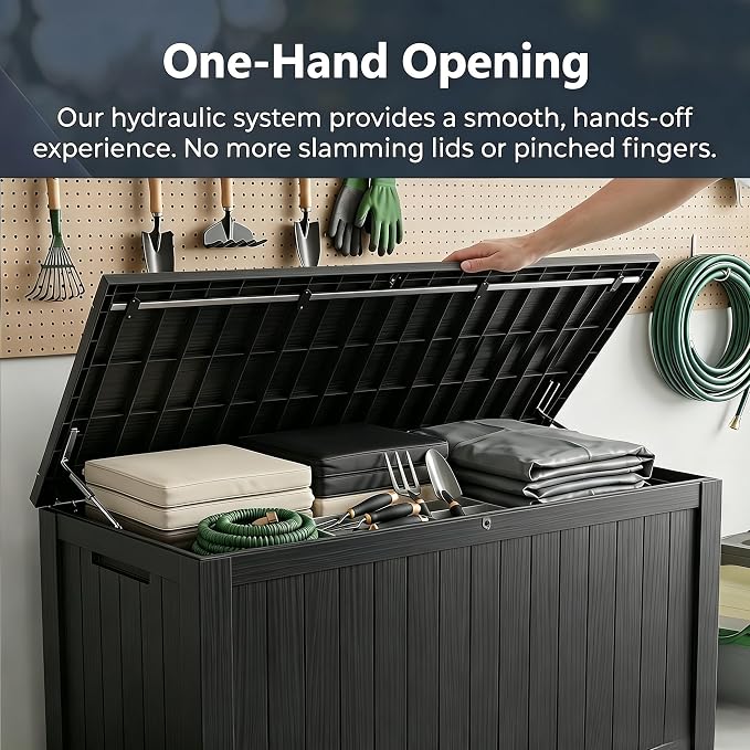 178 Gallon Resin Deck Box with Gas Lift Support – Outdoor Storage for Patio Furniture, Garden Tools & BBQ Accessories – Weatherproof Wood Grain Design with 660 Lbs Bench Seat (Lockable Lid)