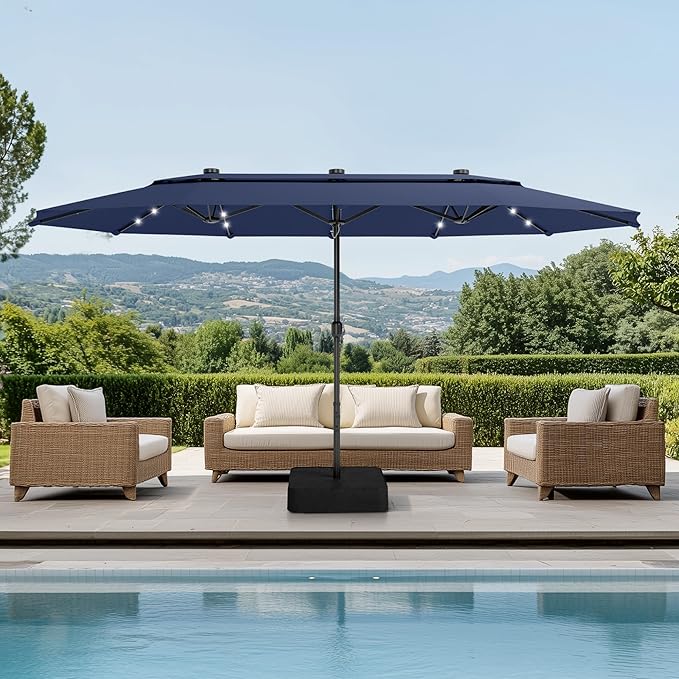 PHI VILLA 15ft 2-Tier Large Patio Umbrella with Solar Lights, Double-Sided Outdoor Market Rectangle Umbrellas with 36 LED Lights, Umbrella Base (Stand) Included, Blue
