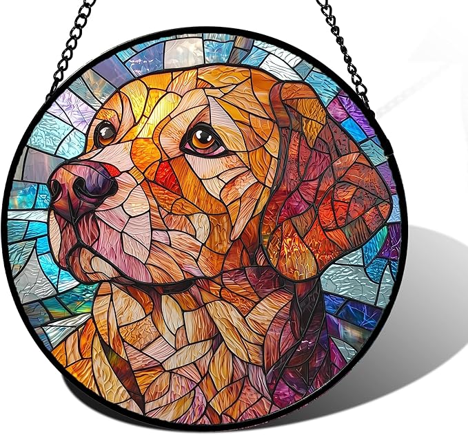 DASTOLL Stained Glass Window Hanging, Cute Dog Abstract Sun Catchers Colorful Glass Panel Texture Suncatcher Decor for Birthday for Women, Men, Wife, Aunt, and Mom 7.8 in