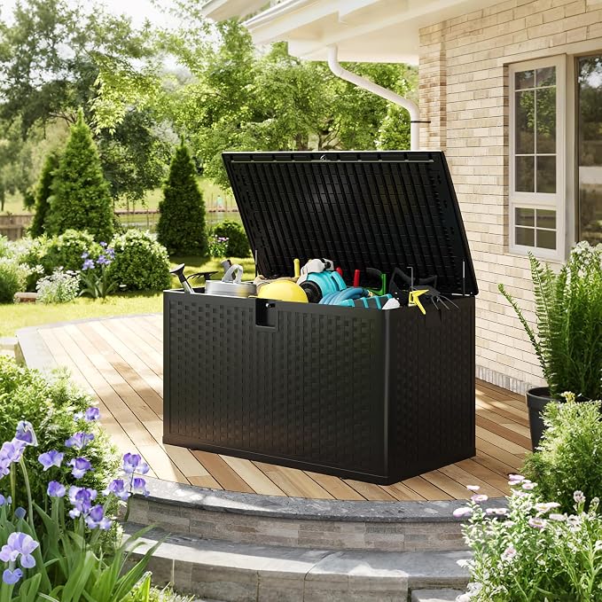 Patikuin 120 Gallon Outdoor Deck Storage Box with Hydraulic Gas Struts, Waterproof Resin Patio Container with Lockable Lid, Soft-Close, Handles & 600 Lbs Capacity Bench, Black