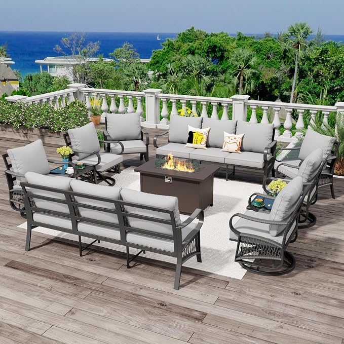 11 Piece Patio Furniture Set, All Weather Metal Outdoor Conversation Set with 50000 BTU Propane Fire Pit Table and 5" Thick Cushions, Sectional Sofa for Garden, Porch, Lawn, Grey