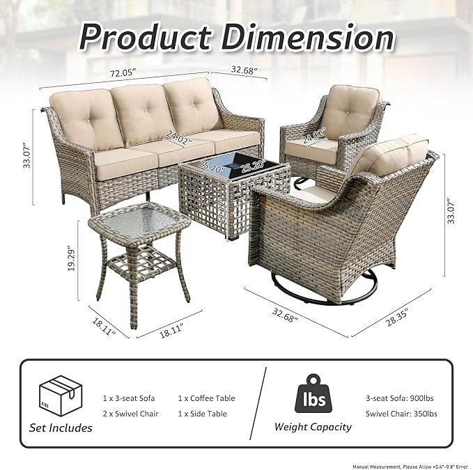 Patio Conversation Set,5 Pieces Wicker Patio Furnitures with Swivel Chair and Coffee Table,All Weather Patio Furniture Set for Garden,Backyard,Poolside and Patio,Beige