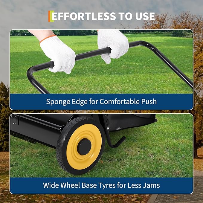 Heavy-Duty 26-Inch Hand-Push Lawn Sweeper with 7 Cu.ft. Collection Bag & Adjustable Brush Reel - Ideal for Picking Up Grass, Leaves, and Yard Debris on Any Terrain