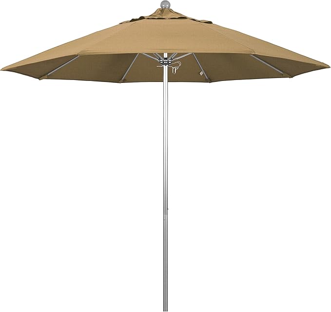 California Umbrella 9' Round Aluminum/Fiberglass Umbrella, Push Open, Silver Pole, Olefin Champagne Fabric
