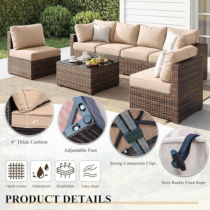 7 Pieces Patio Furniture Set, Rattan Outdoor Sectional Conversation Sets, All Weather Outdoor Furniture Set with Cushions for Garden Lawn Balcony Porch Deck Beige