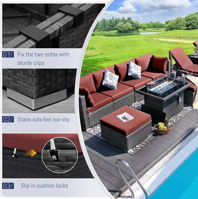 BULEXYARD 13 Piece Large High Back Grey Rattan Patio Furniture Set with Fire Pit Table and Lounge Chaise, Luxury Comfy Deep Wide Seat Outdoor Sectional Conversation Sofa, Gray Wicker and Red Cushion