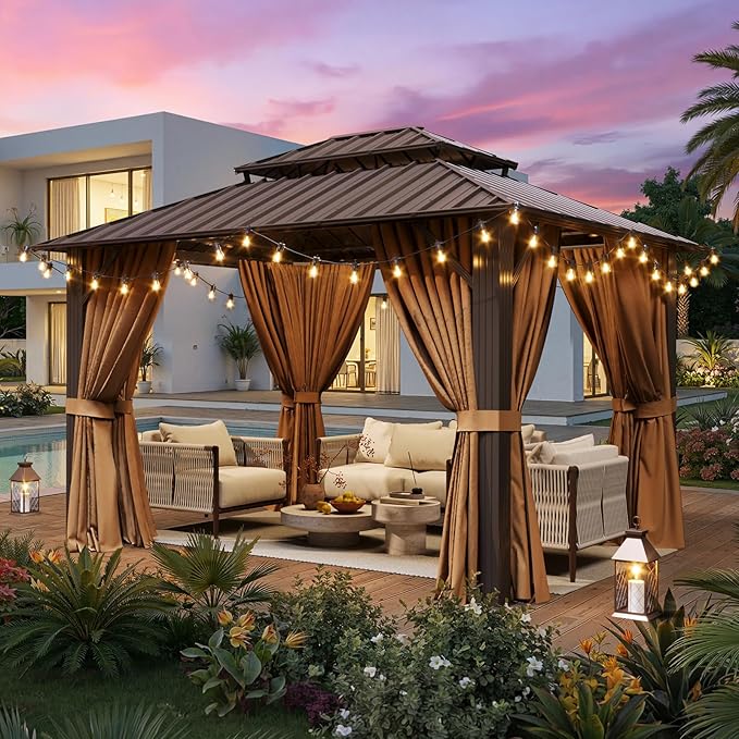 10x12FT Hardtop Gazebo, Metal Frame with Double Galvanized Steel Roof, Permanent Outdoor Pergola with Curtains and Netting Included for Backyard, Patio, Lawn and Garden, Brown