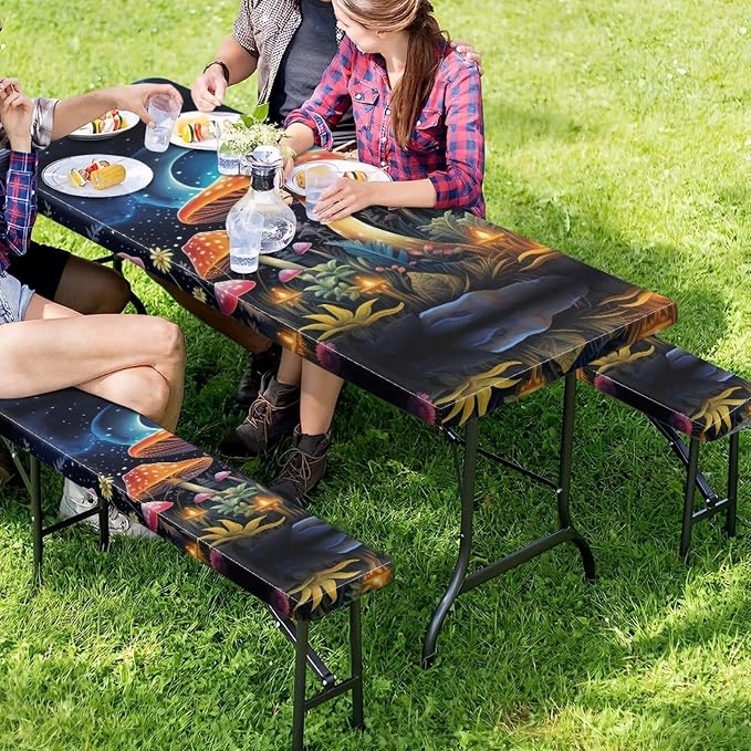 Mushroom Picnic Table Cover with Bench Covers Foldable Camping Table Covers for 6 Foot Tables 3 Pcs Picnic Table Bench Covers Camping Essentials for Camper, 94x30 Inches