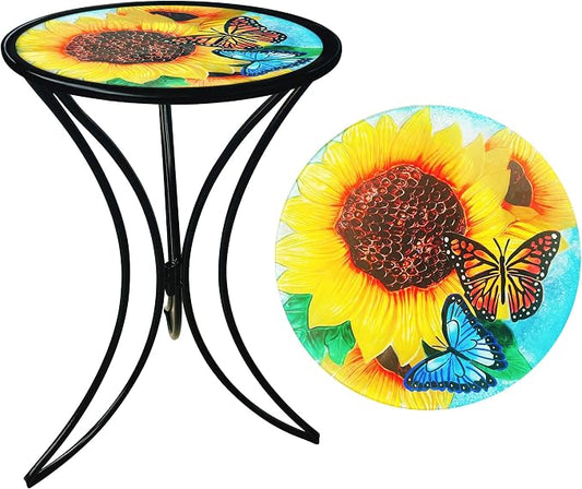 J-Fly 12 Inch Outdoor Side Table, Round Patio Accent Indoor End Table with Glass Top & Metal Base for Living Room, Office, Balcony, Sunflower Butterfly Indoor Furniture Valentine Decor(20" Height)