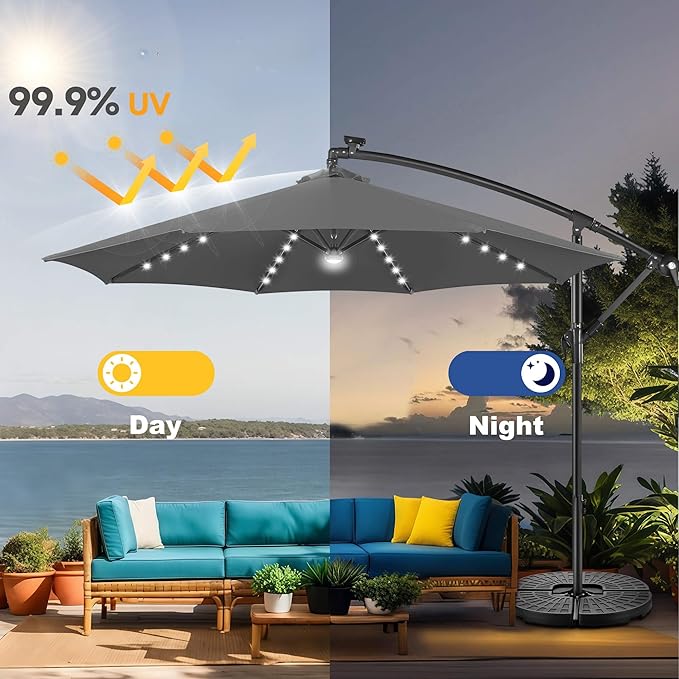 FLAME&SHADE 10ft Solar Cantilever Umbrella with 40 LED Lights, Lighted Large Offset Outdoor Patio Umbrellas, 8 Sturdy Ribs, UPF50+ UV Protection for Pool Deck Garden Yard, Anthracite