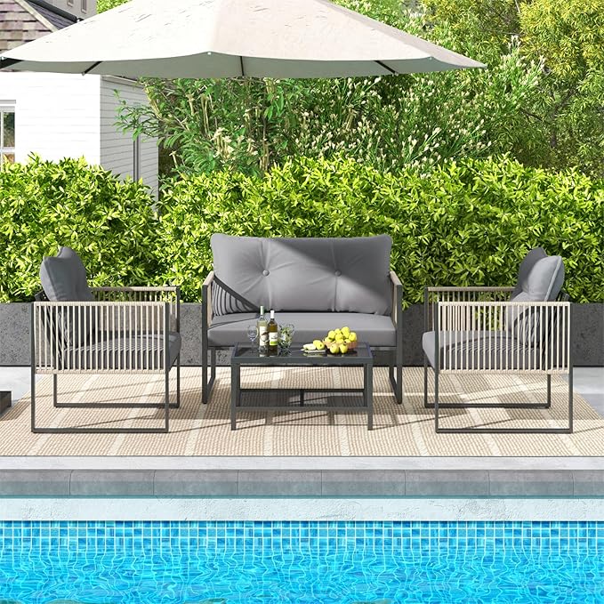 Tangkula 4 Pieces Patio Furniture Set, Outdoor PE Rattan Conversation Sofa Set with Thick Cushions and 2-Tier Tempered Glass Coffee Table for Garden, Porch, Balcony and Backyard (Grey,1)