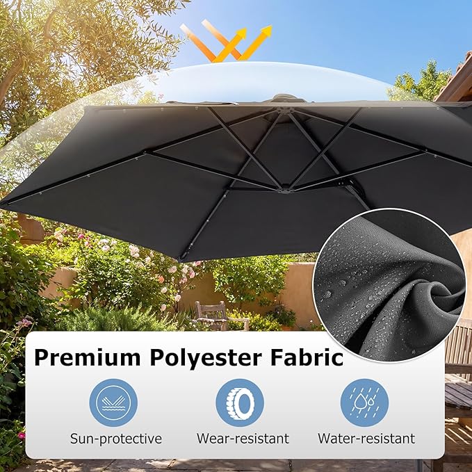 Tangkula 10ft Patio Umbrella with Solar Lights, Offset Cantilever Outdoor Umbrella with LED Lights, 360 Degree Rotation, Air Vent for Pool Deck Garden Backyard (Gray)