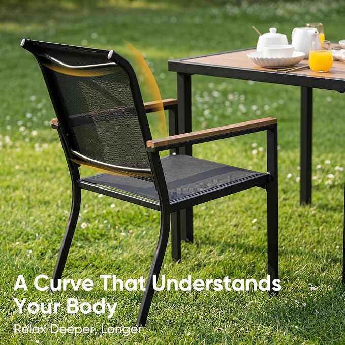NATURAL EXPRESSIONS HDPS Patio Outdoor Table and Chairs Set for 4, Patio Dining Set with 4 Textilene Chair and 36” Square Fauxwood Patio Table with Umbrella Hole for Garden, Backyard, Deck (Black)