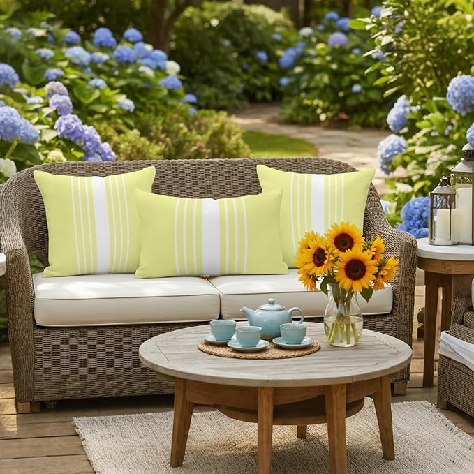 Yellow White Stripe Outdoor Pillow Covers 16x16 Inch Throw Pillow Covers Set of 2 Waterproof Decorative Pillow Cases Modern Rustic Vertical Striped Cushion Covers for Patio Furniture Garden Couch Sofa