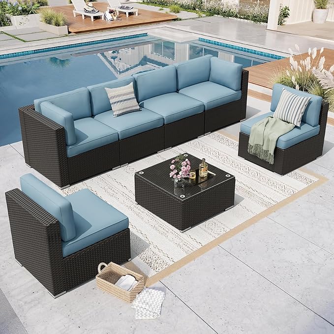 8 Pieces Outdoor Patio Furniture Set with Waterproof Cover, Black Brown Wicker Patio Sectional Sofa Set, Outdoor Couch with Cushion and Tempered Glass Table, Sky Blue