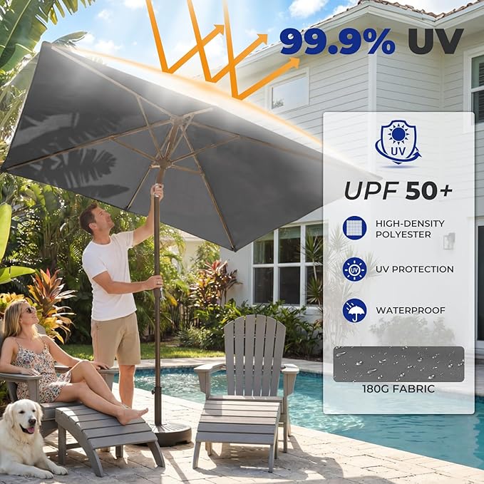 BRIOPAWS 6.5X10 FT Rectangular Patio Umbrella with Base Included | Rectangle Outdoor Umbrellas | 6 Sturdy Steel Ribs | Push Button Tilt & Crank | Heavy Duty for Garden Lawn Deck Backyard Pool |