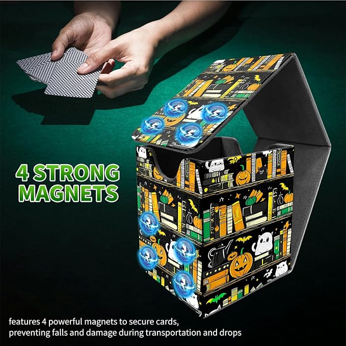 Deck Box for MTG, Cards Storage Box Fits 120+ Sleeved, Leather Medium Size Strong Magnetic Closing Card Case for Board Games Magic TCG CCG Baseball Collection, Pumpkin Books