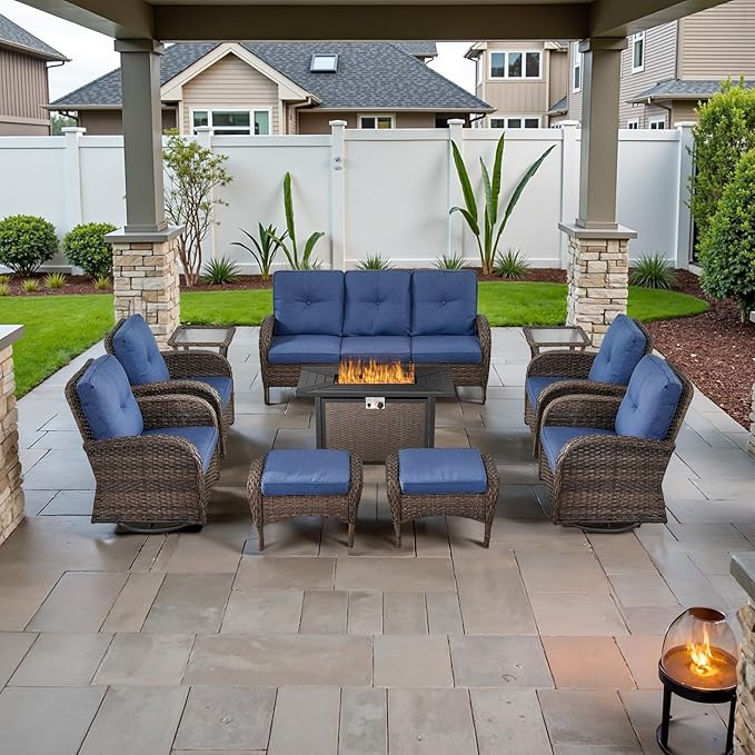 Belord Expansive 10 Pieces Outdoor Patio Furniture Set with 43” Propane Fire Pit Table, Patio Conversation Set with Swivel Rocker Outdoor Chairs Set of 4 and Sofa, Ottoman and Wicker Side Table Brown