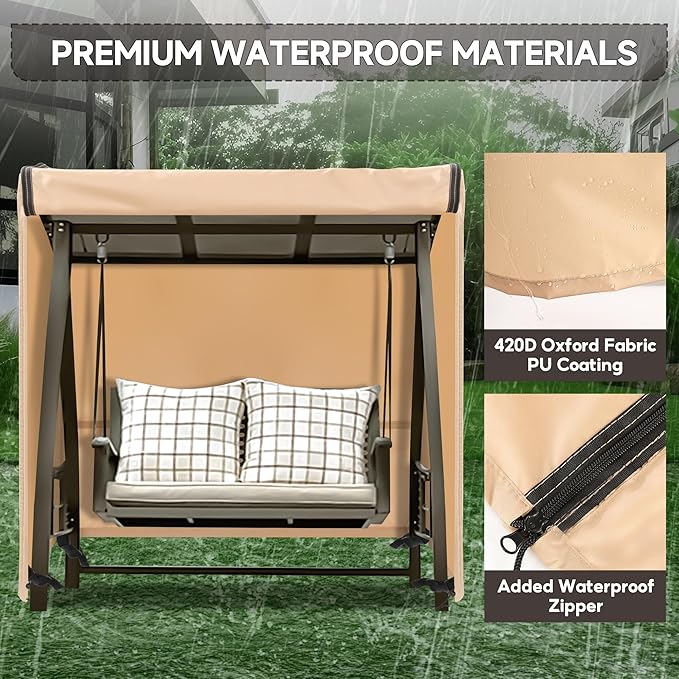 Outdoor Swing Covers for Patio Swing 2 Seater, 65" L x 50" D x 66" H, 2 Seat Swing Cover Waterproof, Porch Patio Swing Canopy Cover, Windproof UV Resistant All Weather Protector - Beige