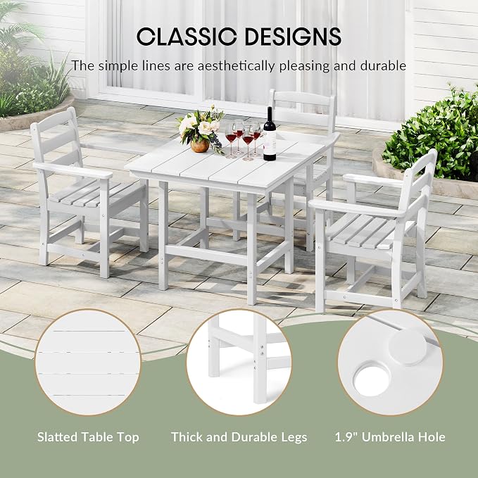 WestinTrends Ashore Outdoor HDPE 36" Square Patio Dining Table with Umbrella Hole, White
