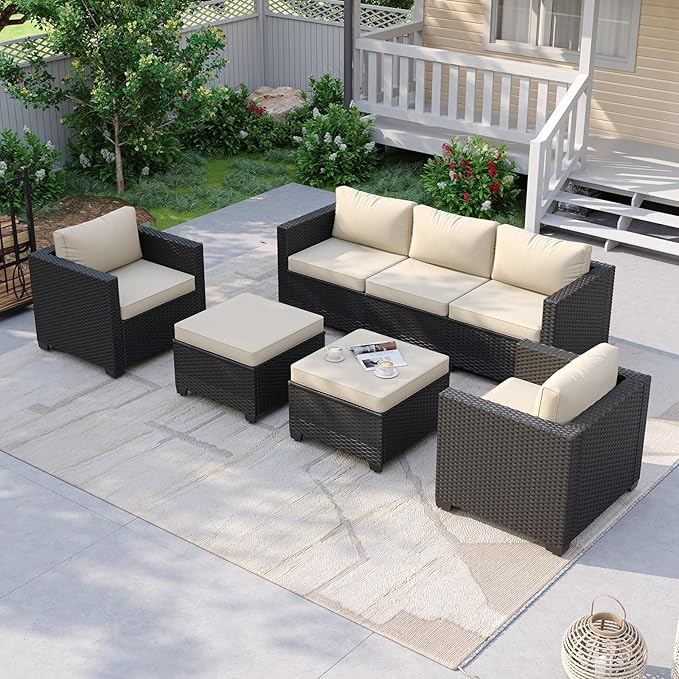 Aoxun Patio Furniture Set, 5 Piece Outdoor Sectional Sofa with Ottomans, Wicker Outdoor Furniture Conversation Sets with Waterproof Cover for Backyard Beige