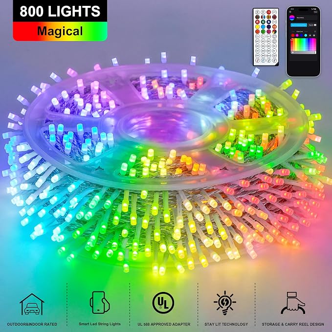 JMEXSUSS 800 LED RGB String Light Outdoor Indoor, Halloween Lights Plug in | 264 Ft Color Changing Christmas Lights Clear Wire Smart Lights for Bedroom Tree Room Party Birthday Xmas Decor, Remote
